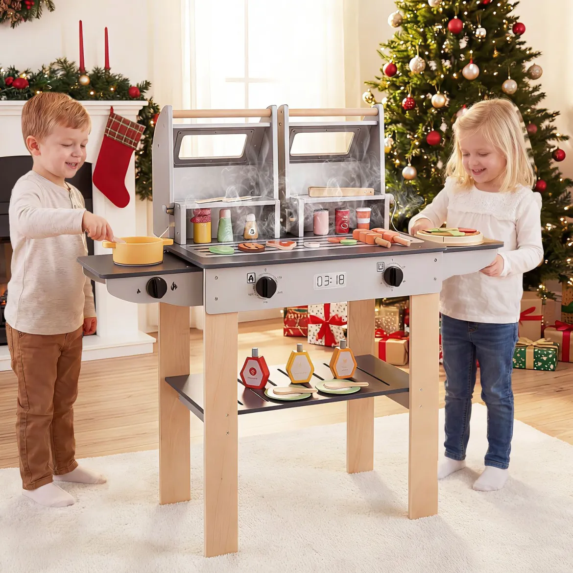 Barbecue Kindergrill mit Grillbesteck & Spiel-Lebensmitteln & Klappdeckeln Grillspielzeug