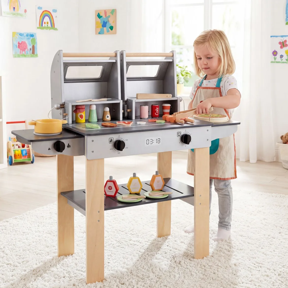 Barbecue Kindergrill mit Grillbesteck & Spiel-Lebensmitteln & Klappdeckeln Grillspielzeug