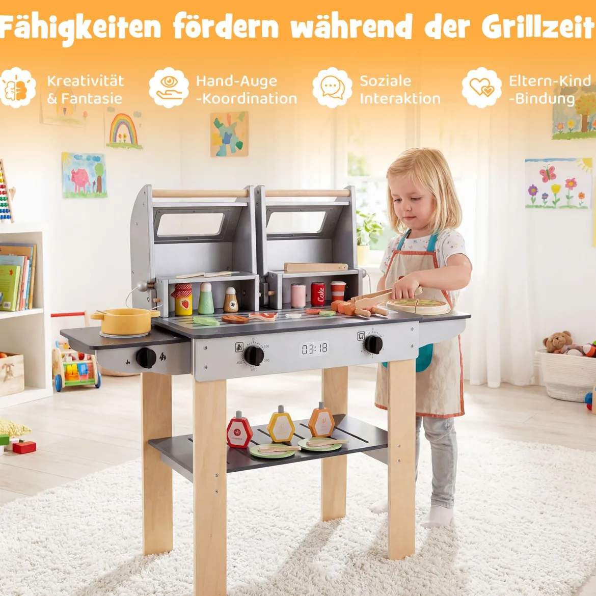 Barbecue Kindergrill mit Grillbesteck & Spiel-Lebensmitteln & Klappdeckeln Grillspielzeug