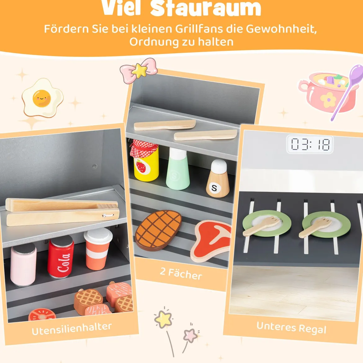 Barbecue Kindergrill mit Grillbesteck & Spiel-Lebensmitteln & Klappdeckeln Grillspielzeug