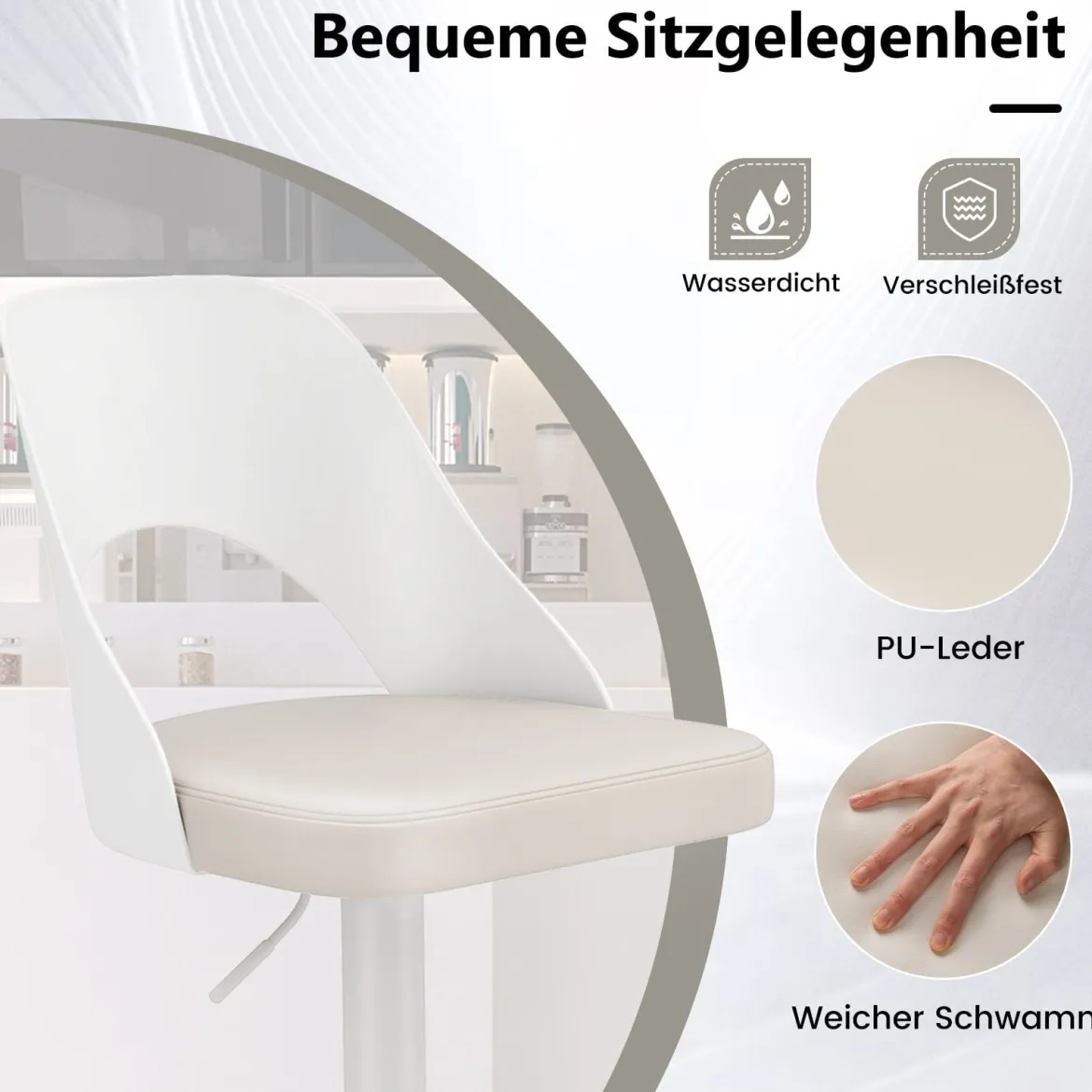 Barhocker 2er Set Barstühle 360° drehbar höhenverstellbarer Drehstuhl Küchenstühle mit Kunstledersitz & Rückenlehne Weiß