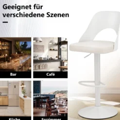 Barhocker 2er Set Barstühle 360° drehbar höhenverstellbarer Drehstuhl Küchenstühle mit Kunstledersitz & Rückenlehne Weiß