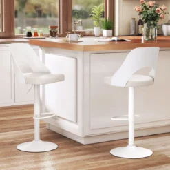 Barhocker 2er Set Barstühle 360° drehbar höhenverstellbarer Drehstuhl Küchenstühle mit Kunstledersitz & Rückenlehne Weiß