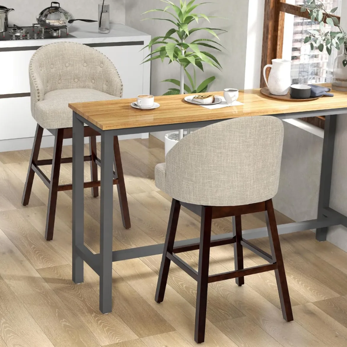 Barhocker 2er Set Barstuhl 360° drehbar Küchenhocker mit Lehne und Fußstütze 55 x 53 x 105 cm Beige + Braun