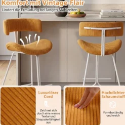 Barhocker 2er Set Barstuhl ohne Armlehnen mit Stoffbezug & Fußstütze 51 x 50,5 x 93 cm Orange