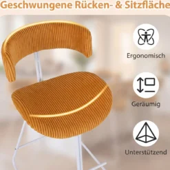 Barhocker 2er Set Barstuhl ohne Armlehnen mit Stoffbezug & Fußstütze 51 x 50,5 x 93 cm Orange