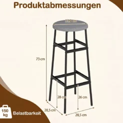 Barhocker 2er Set Runder Barstuhl aus Leinen mit Fußstütze Küchenstuhl mit Metallrahmen Grau