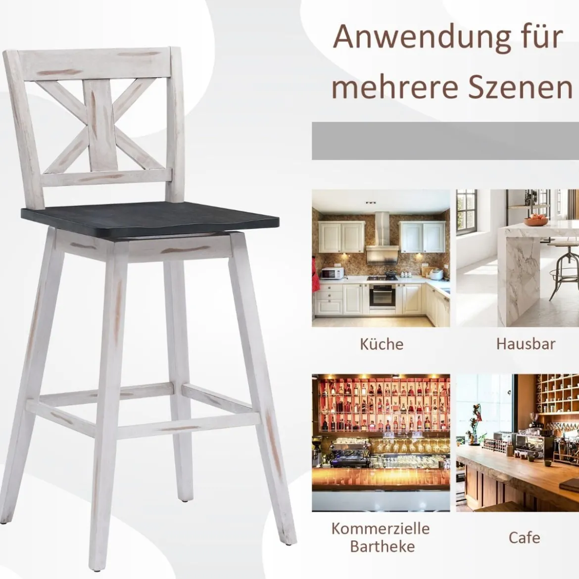 Barhocker 2er Set Vintage Barstühle mit um 360° drehbarem Sitz & rutschfesten Untersetzern 73,5 cm Weiß