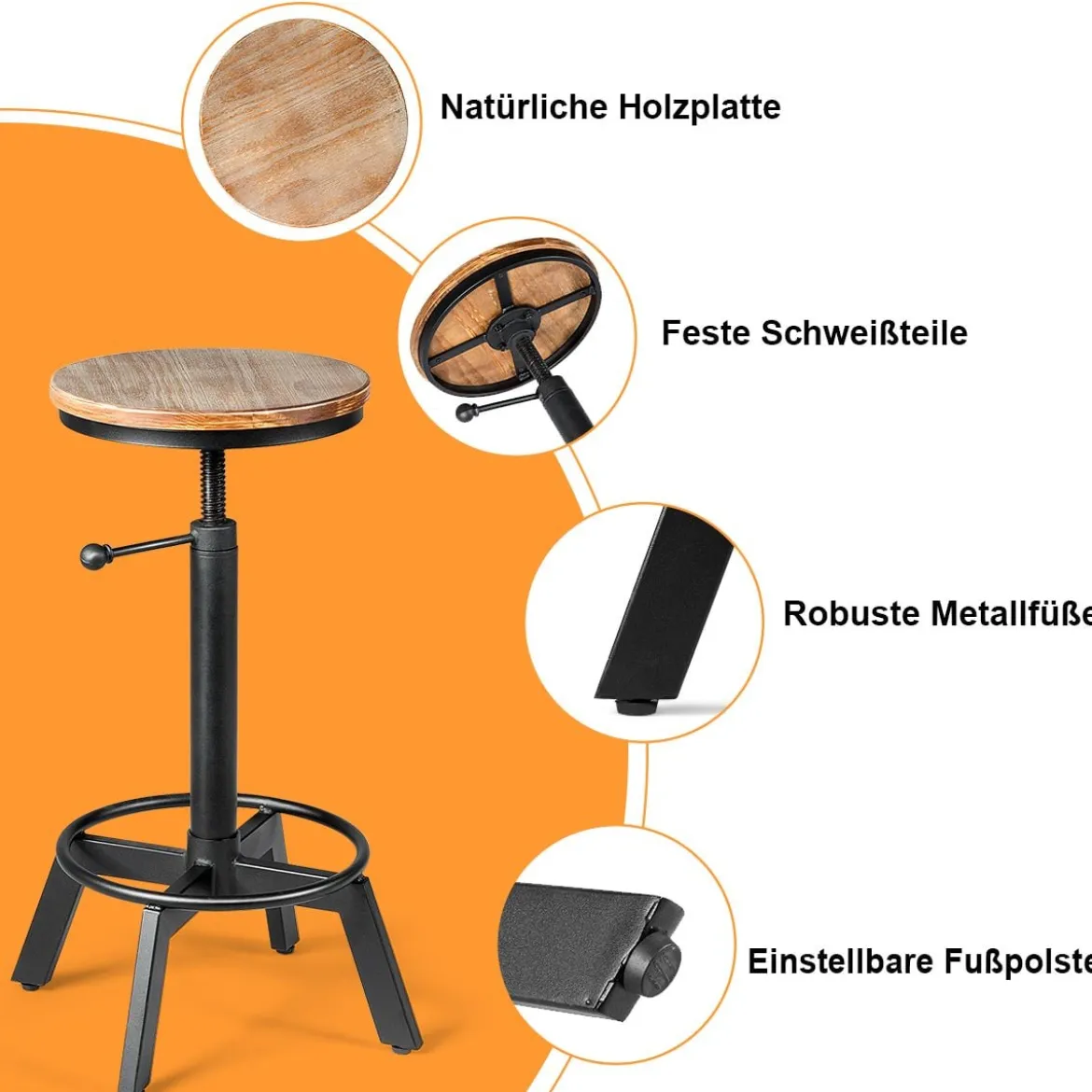 Barhocker höhenverstellbar Barstuhl aus Holz und Metall Tresenhocker mit Fußstütze Bistrohocker
