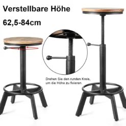 Barhocker höhenverstellbar Barstuhl aus Holz und Metall Tresenhocker mit Fußstütze Bistrohocker