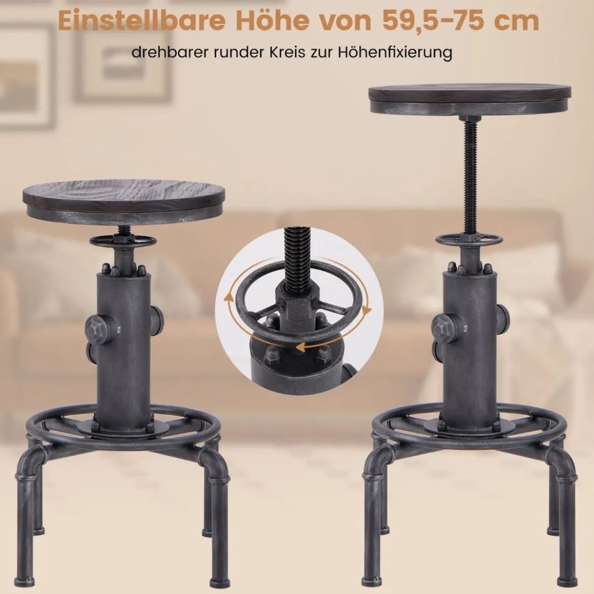Barhocker höhenverstellbar 59,5-75 cm Barstuhl aus Holz und Metall
