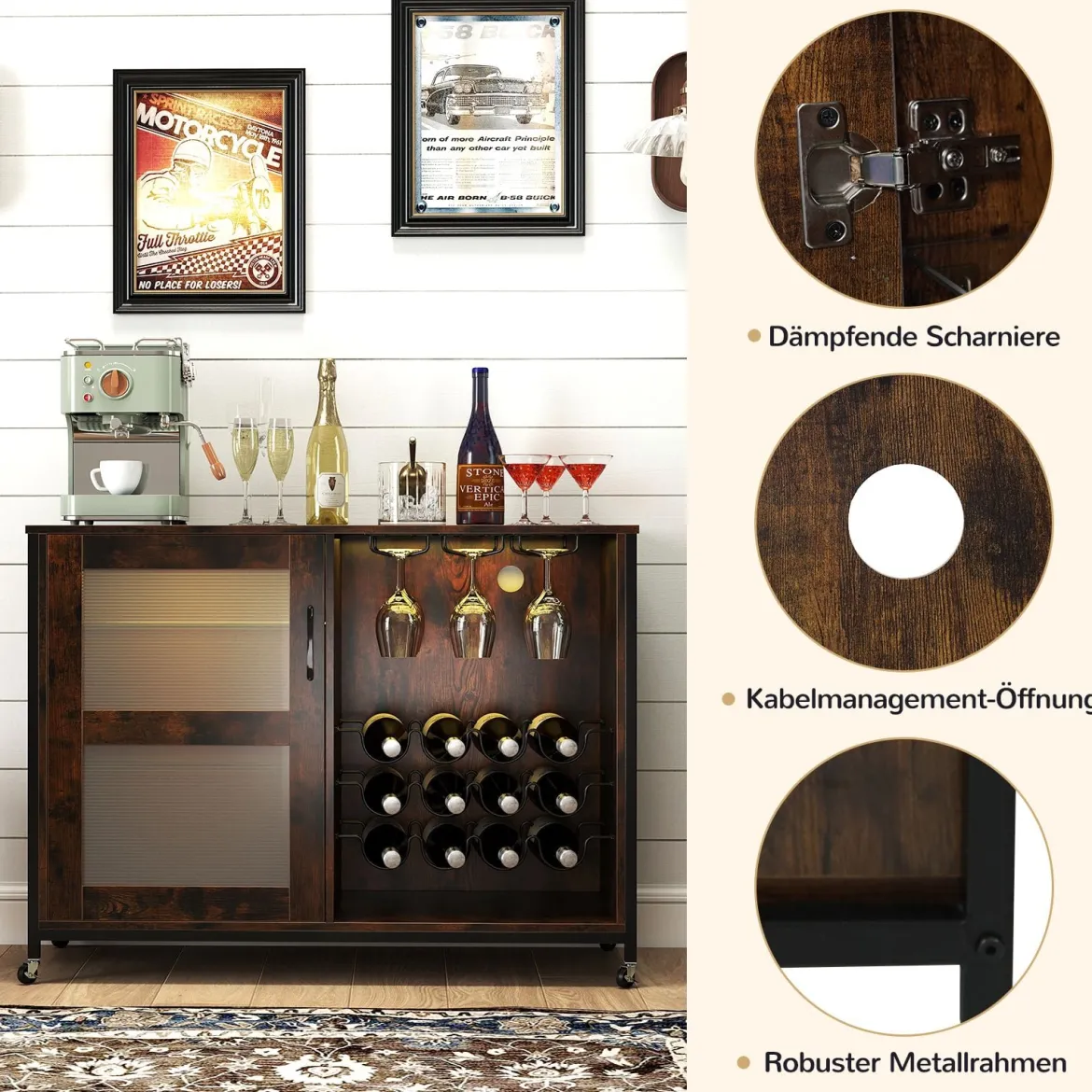 Barschrank mit LED-Beleuchtung & Fernbedienung Weinschrank mit verstellbaren Regalen Rustikal Braun