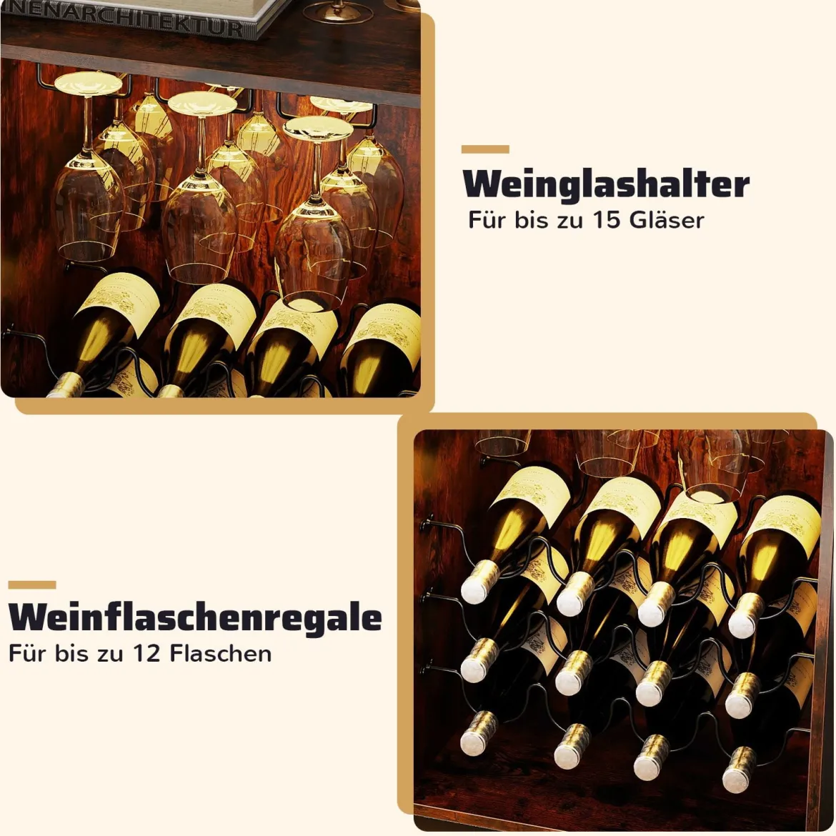 Barschrank mit LED-Beleuchtung & Fernbedienung Weinschrank mit verstellbaren Regalen Rustikal Braun
