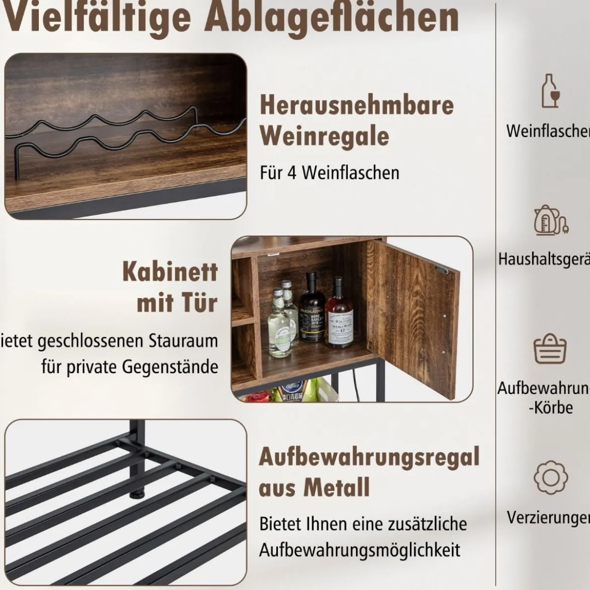 Barschrank mit Weinregalen und Ablageflächen Konsolentisch aus Holz mit Metallrahmen für Esszimmer 100 x 35 x 83 cm