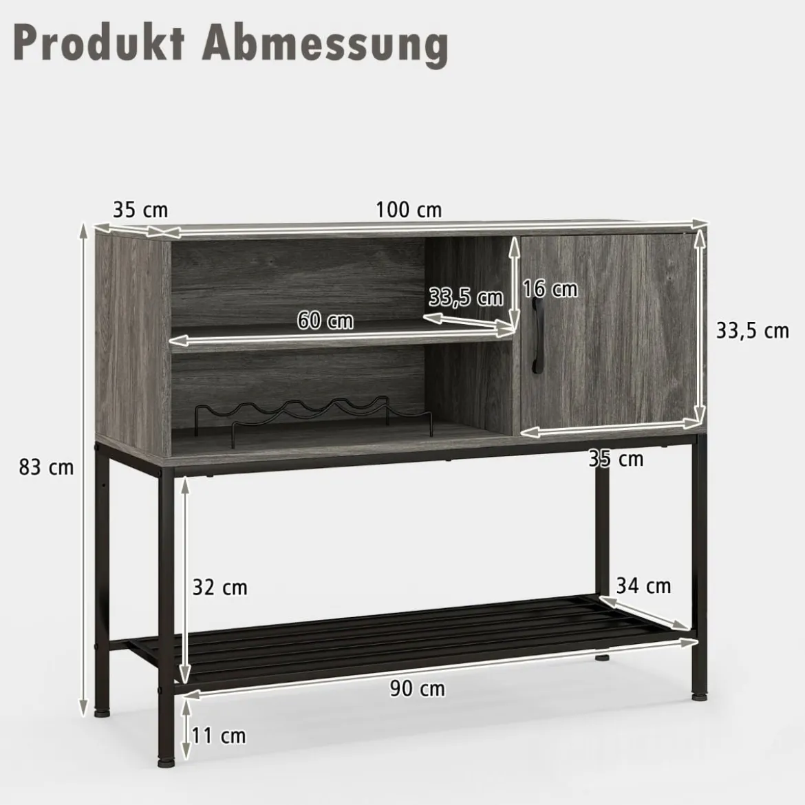 Barschrank mit Weinregalen und Ablageflächen Konsolentisch aus Holz mit Metallrahmen für Esszimmer 100 x 35 x 83 cm