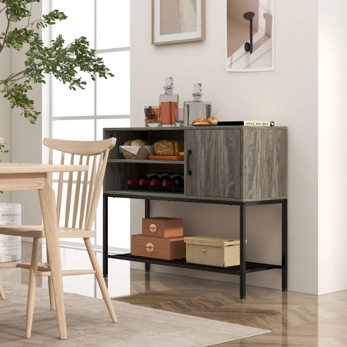 Barschrank mit Weinregalen und Ablageflächen Konsolentisch aus Holz mit Metallrahmen für Esszimmer 100 x 35 x 83 cm