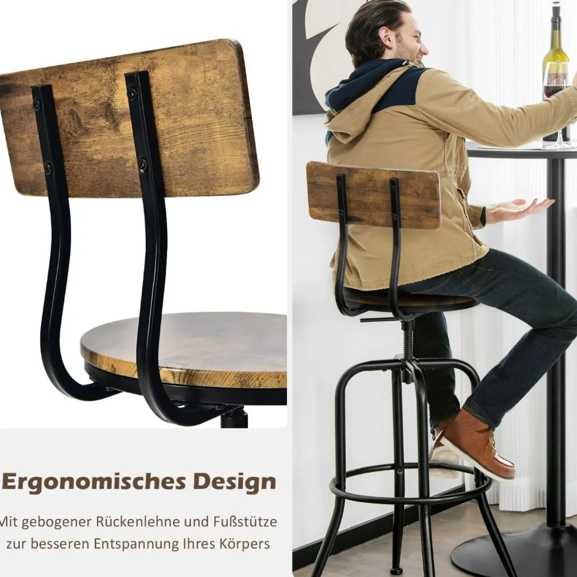 Barstuhl Industriell 2er Set Barhocker Drehbar und Höhenverstellbar Braun