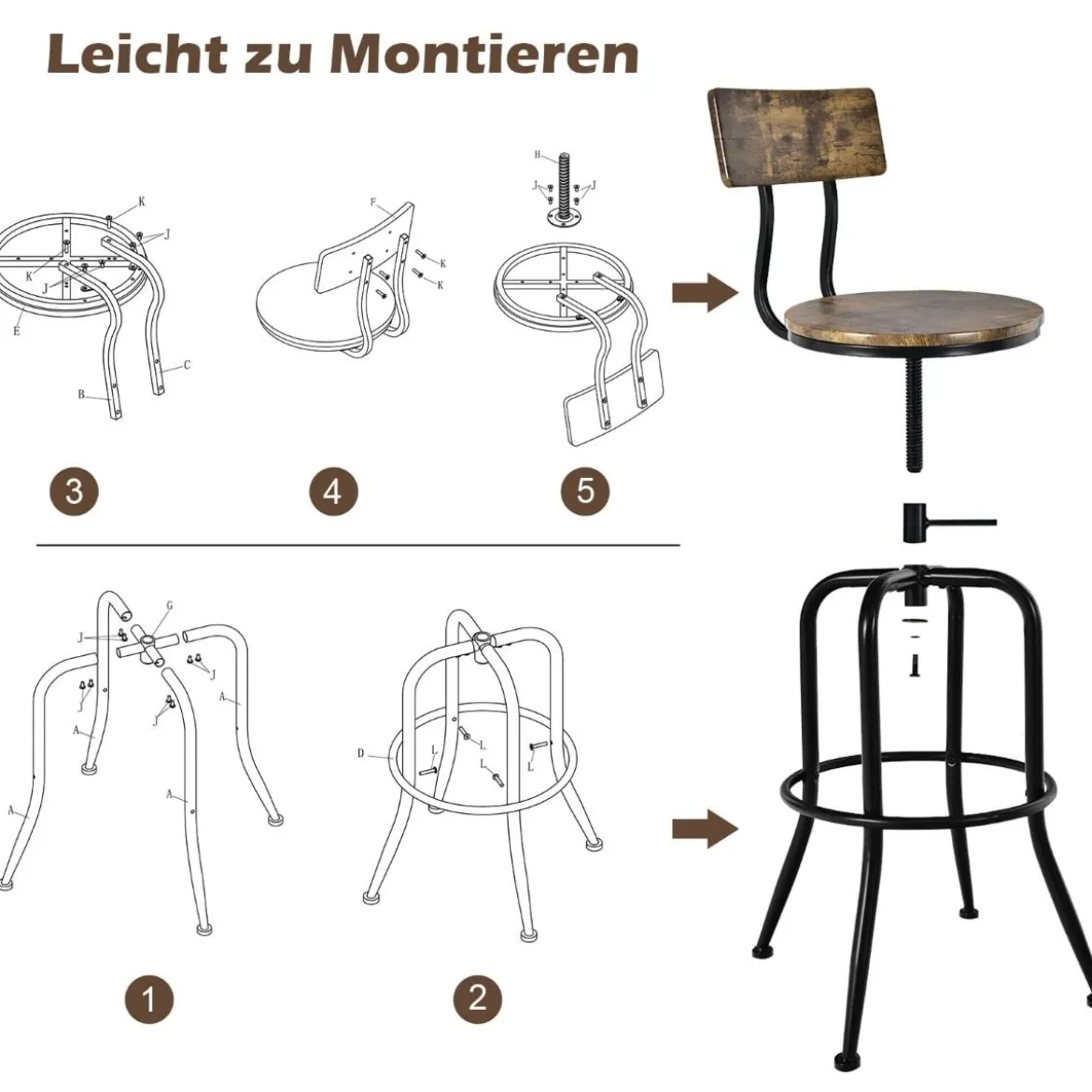 Barstuhl Industriell 2er Set Barhocker Drehbar und Höhenverstellbar Braun