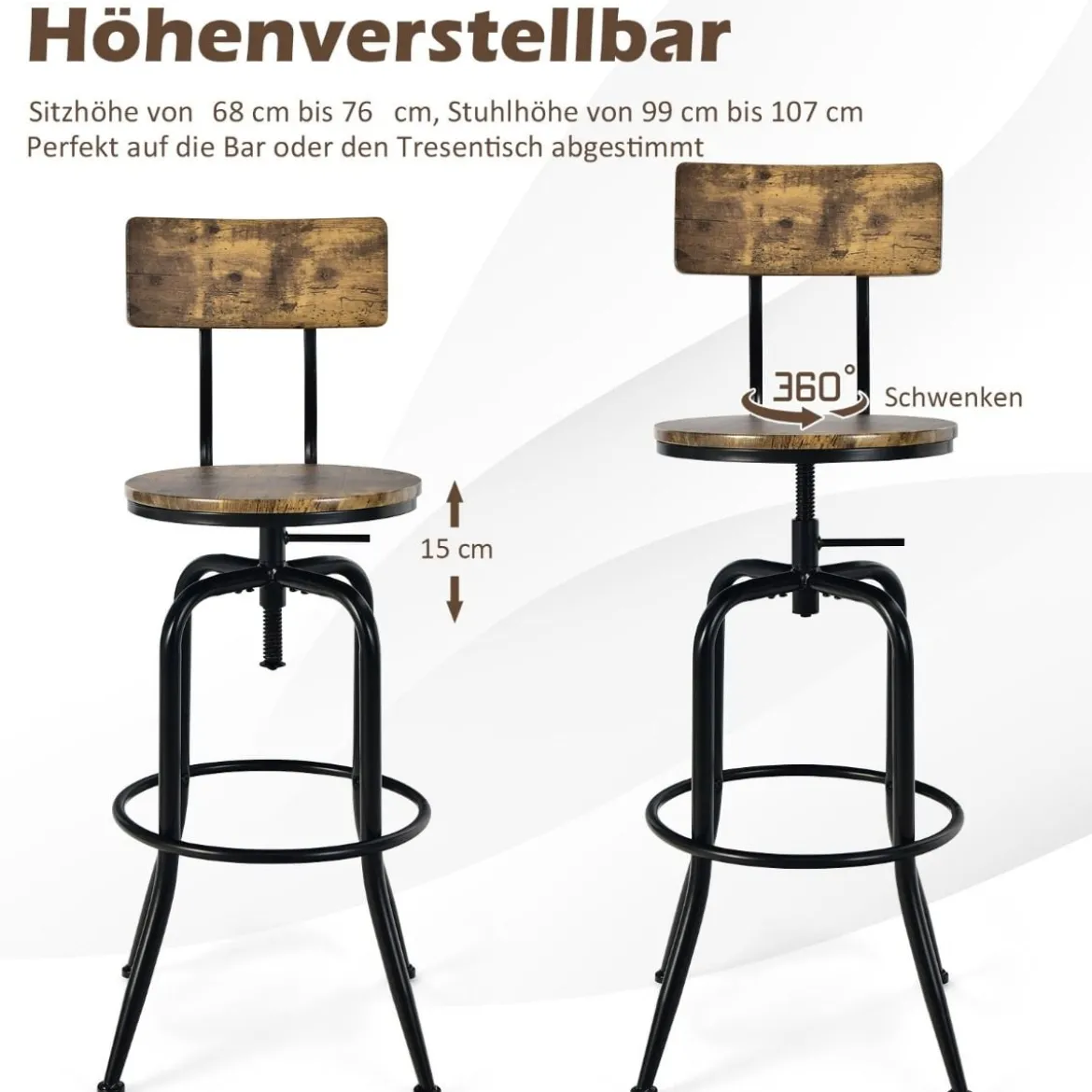 Barstuhl Industriell 2er Set Barhocker Drehbar und Höhenverstellbar Braun