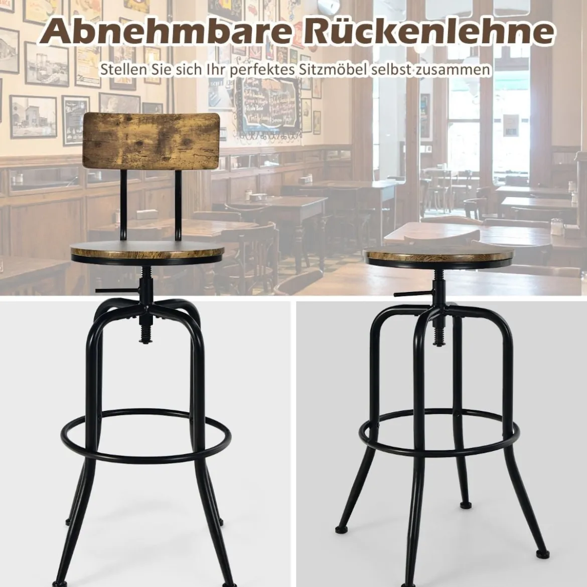 Barstuhl Industriell 2er Set Barhocker Drehbar und Höhenverstellbar Braun