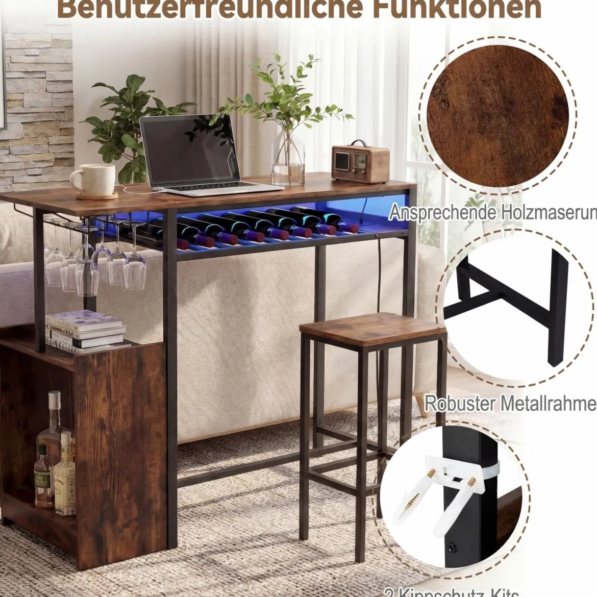 Bartisch Esstisch Mit RGB Beleuchtung Flaschenregal Glashalter Steckdosen USB C Anschluss