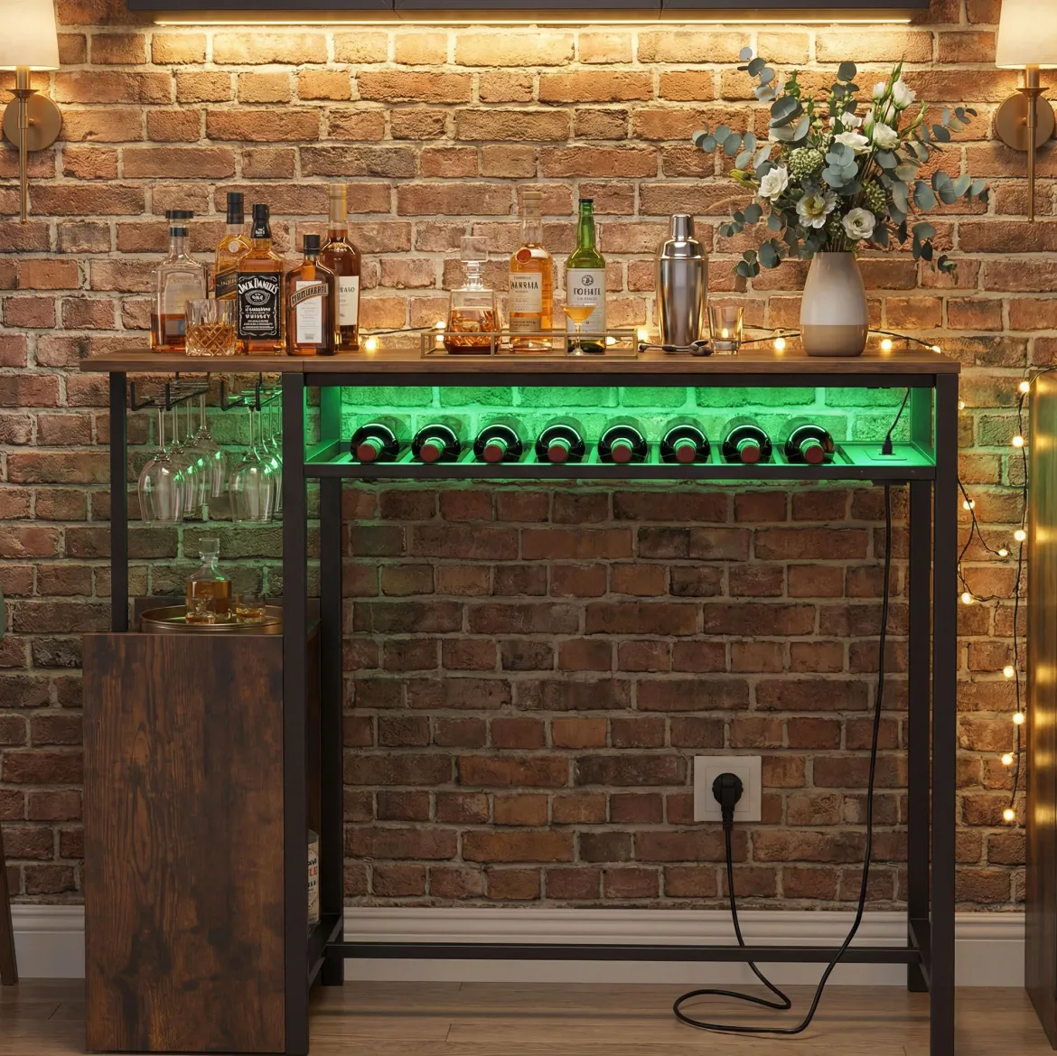 Bartisch Esstisch Mit RGB Beleuchtung Flaschenregal Glashalter Steckdosen USB C Anschluss