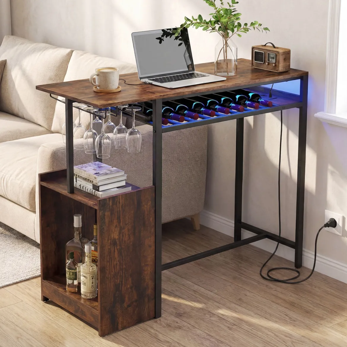 Bartisch Esstisch Mit RGB Beleuchtung Flaschenregal Glashalter Steckdosen USB C Anschluss