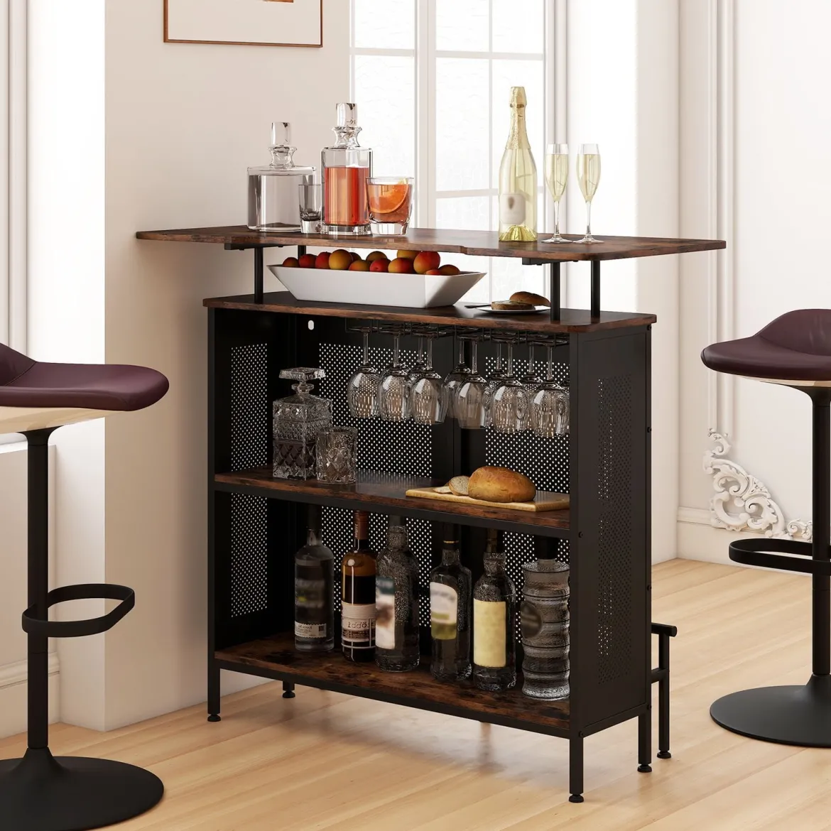 Bartisch Küche Küchentheke mit Stauraum und Fußstütze Theke Bar mit Metallrahmen 120 x 50 x 106,5 cm Braun Rechteckig