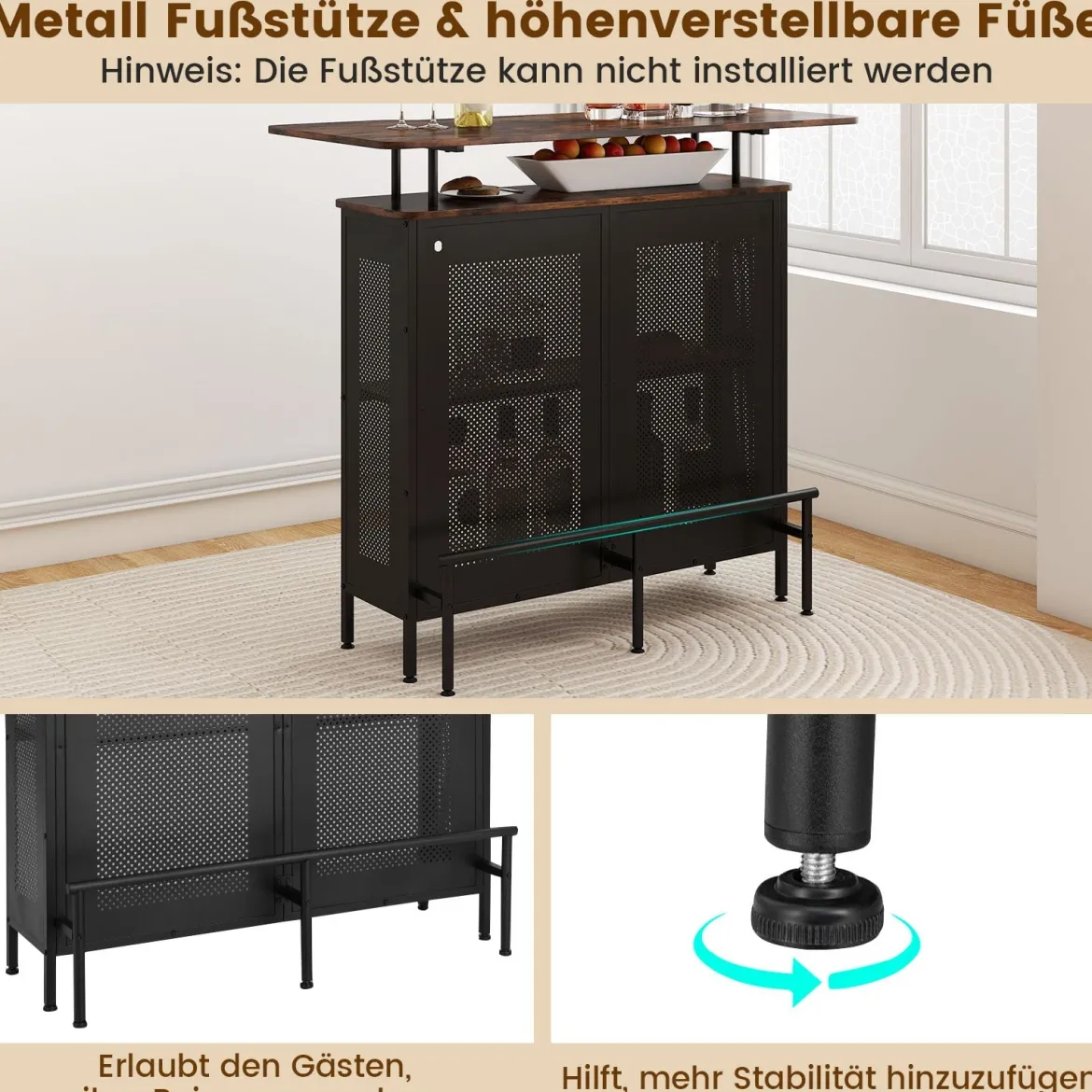 Bartisch Küche Küchentheke mit Stauraum und Fußstütze Theke Bar mit Metallrahmen 120 x 50 x 106,5 cm Braun Rechteckig