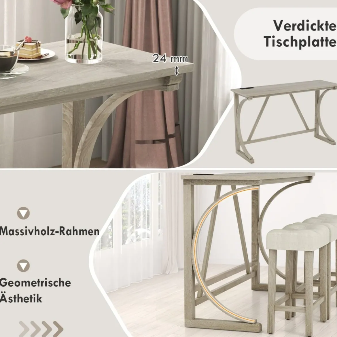 Bartisch mit Barhocker Set Bartisch Set mit 2 Steckdosen & 2 USB-Anschlüssen für 2-3 Personen