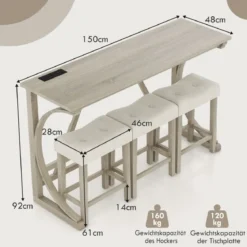 Bartisch mit Barhocker Set Bartisch Set mit 2 Steckdosen & 2 USB-Anschlüssen für 2-3 Personen