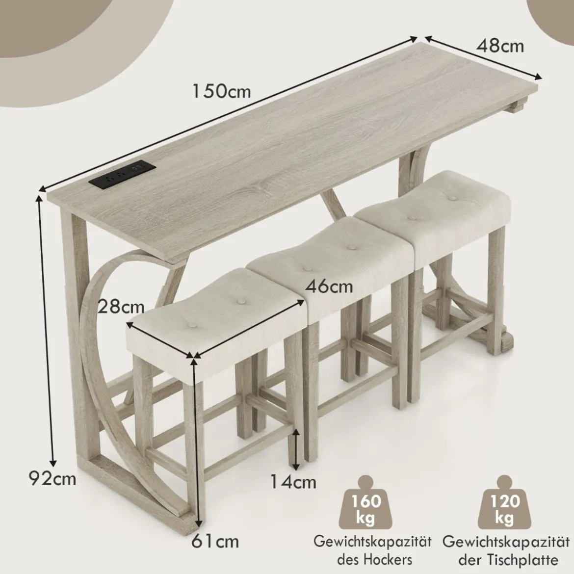 Bartisch mit Barhocker Set Bartisch Set mit 2 Steckdosen & 2 USB-Anschlüssen für 2-3 Personen