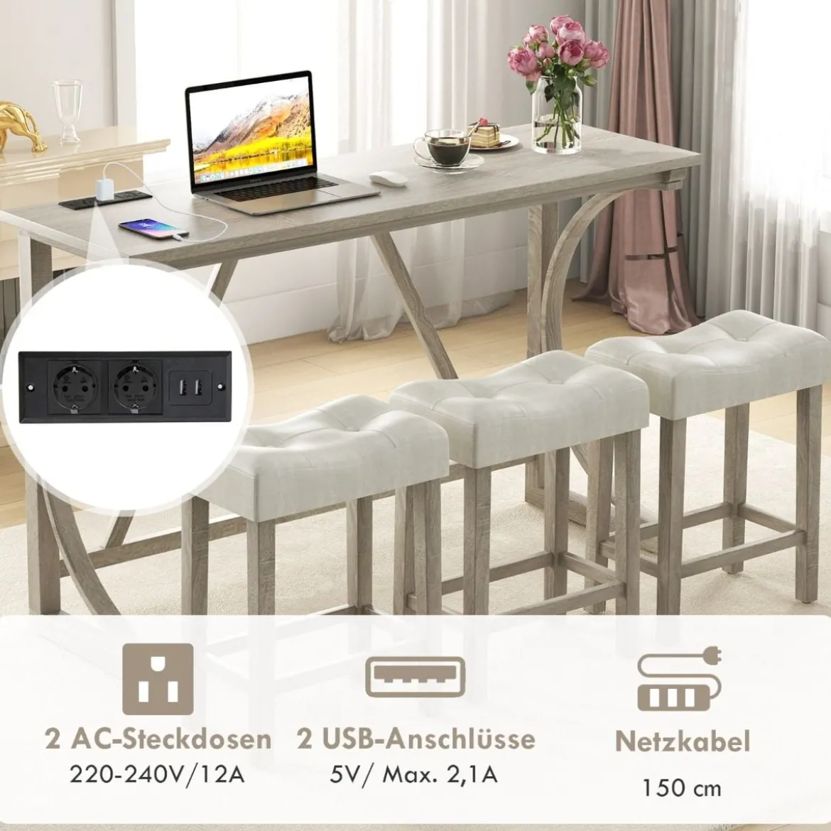Bartisch mit Barhocker Set Bartisch Set mit 2 Steckdosen & 2 USB-Anschlüssen für 2-3 Personen