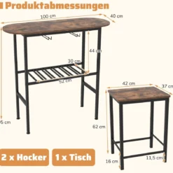 Bartisch mit Barhocker Set 2 Personen Bartisch Set mit Halterungen für Weingläser und Flaschen Vintage