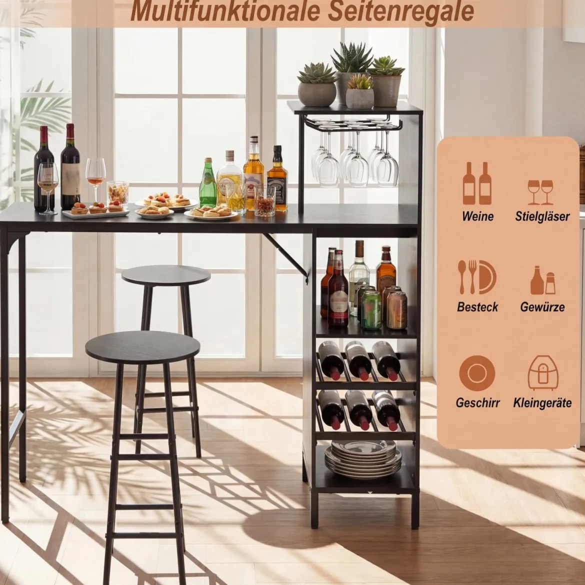 Bartisch mit Barhocker Set 2 Personen Bartisch Set mit Seitenreghal Wein Halterungen Schwarz