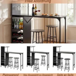 Bartisch mit Barhocker Set 2 Personen Bartisch Set mit Seitenreghal Wein Halterungen Schwarz