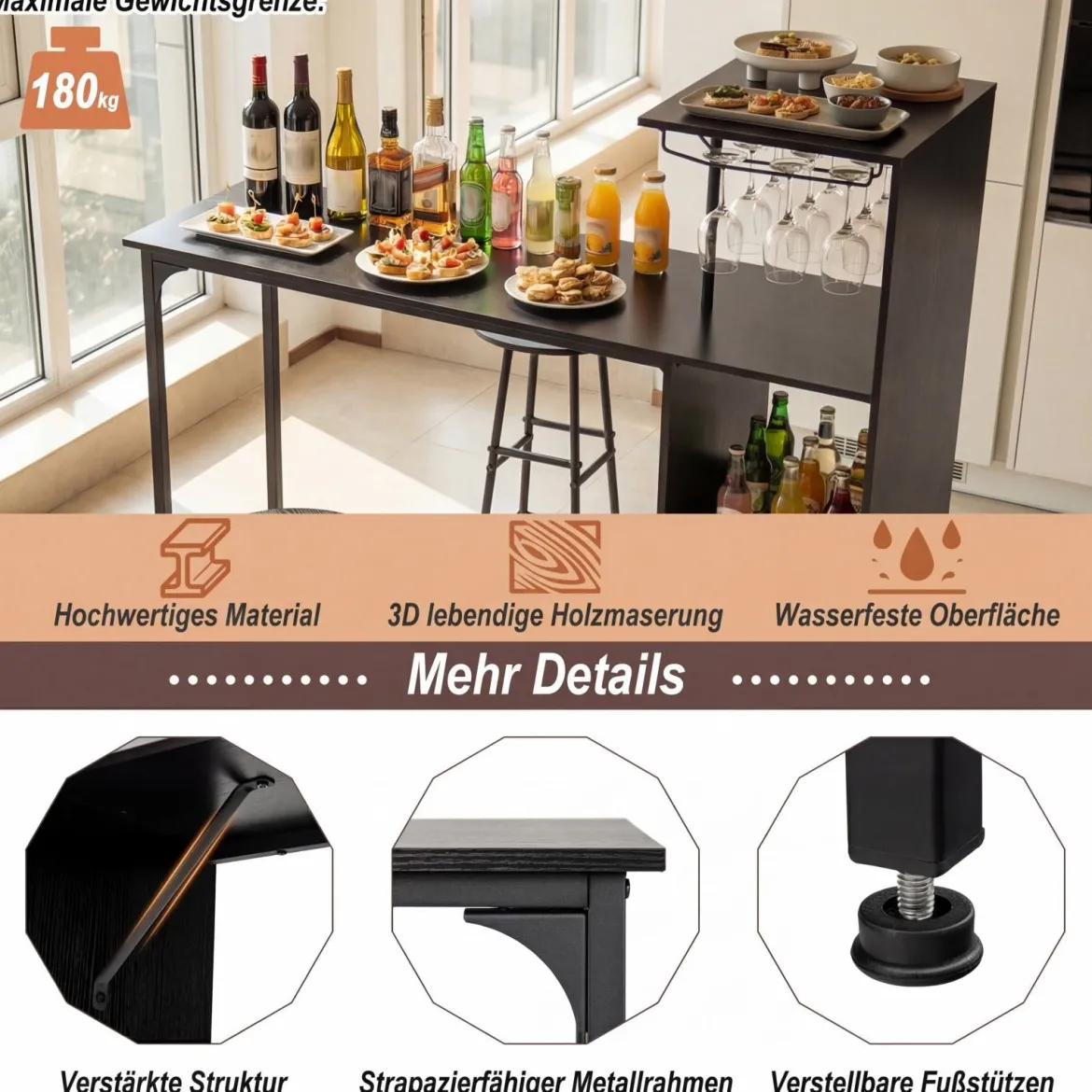 Bartisch mit Barhocker Set 2 Personen Bartisch Set mit Seitenreghal Wein Halterungen Schwarz