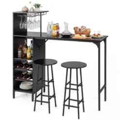 Bartisch mit Barhocker Set 2 Personen Bartisch Set mit Seitenreghal Wein Halterungen Schwarz