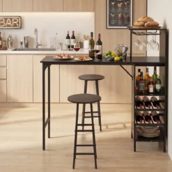 Bartisch mit Barhocker Set 2 Personen Bartisch Set mit Seitenreghal Wein Halterungen Schwarz