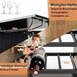 Bartisch mit Barhocker Set 2 Personen Bartisch Set mit Seitenreghal Wein Halterungen Schwarz