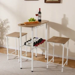 Bartisch mit Barhocker Set 2 Personen Bartisch Set mit Halterungen für Weingläser und Flaschen Natur