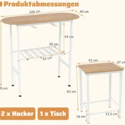 Bartisch mit Barhocker Set 2 Personen Bartisch Set mit Halterungen für Weingläser und Flaschen Natur