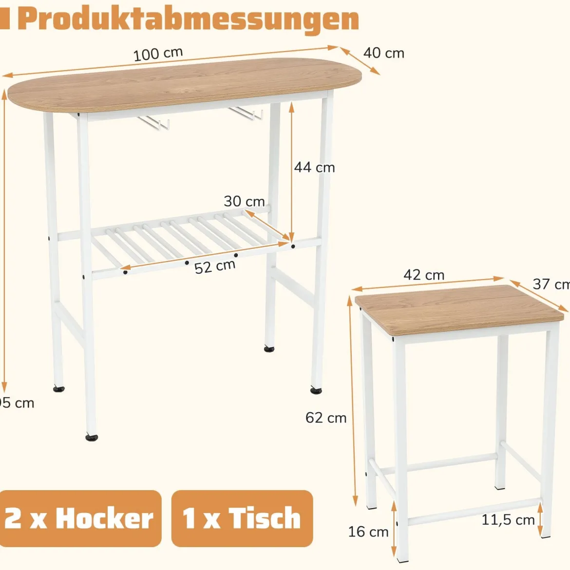 Bartisch mit Barhocker Set 2 Personen Bartisch Set mit Halterungen für Weingläser und Flaschen Natur