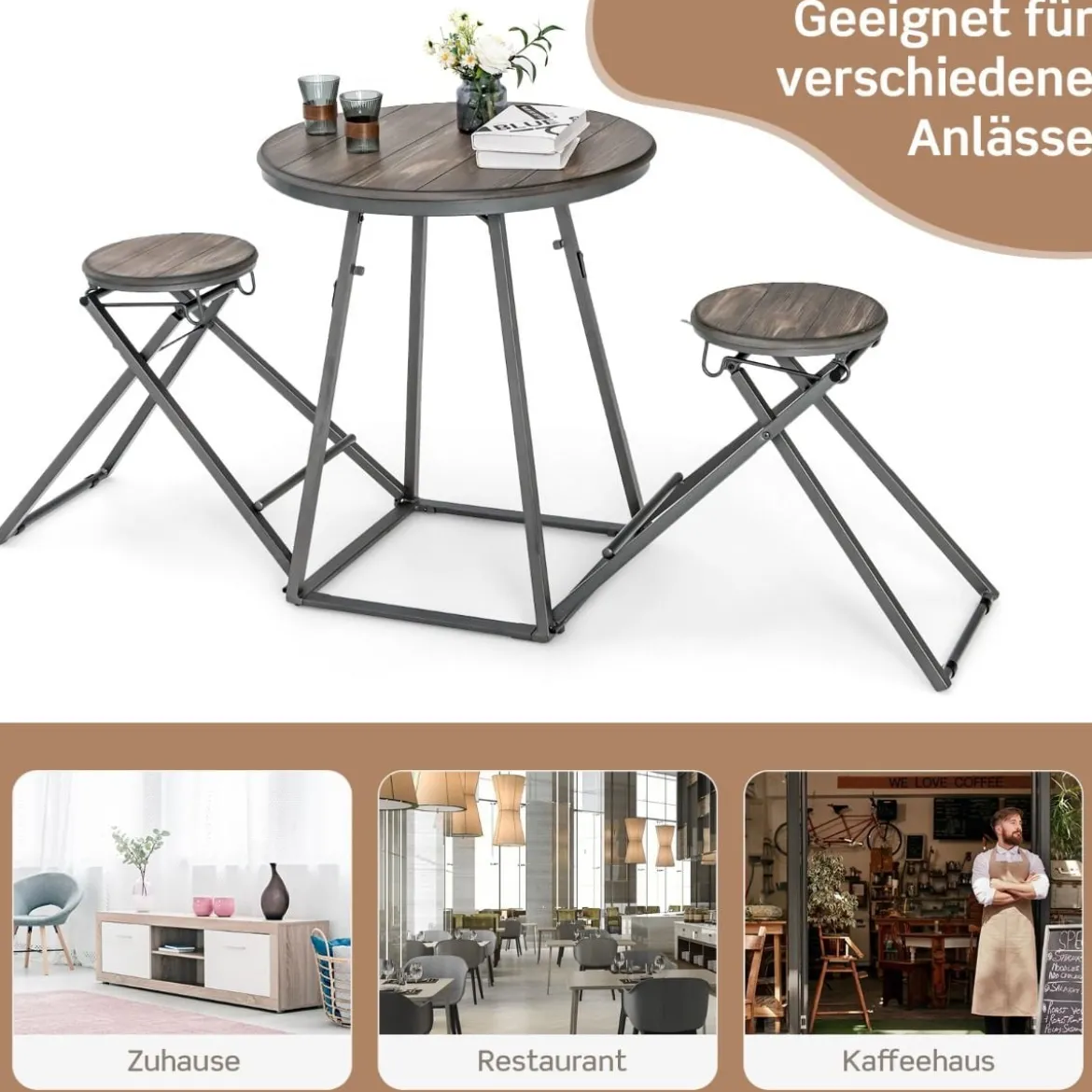 Bartisch mit Barhocker Set 2 Personen Bartisch Set klappbar 206,5 x 77,5 x 90 cm Rustikalbraun