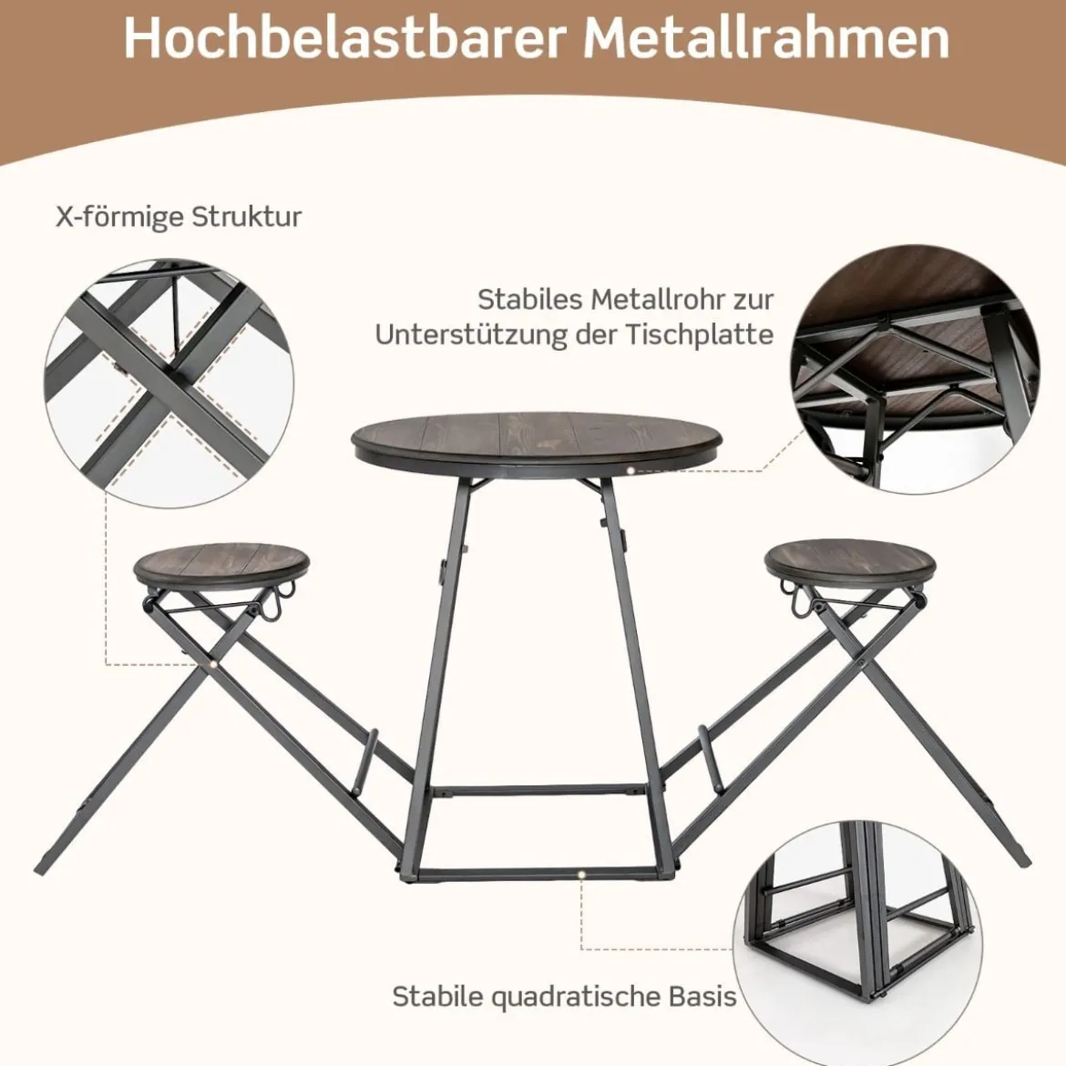 Bartisch mit Barhocker Set 2 Personen Bartisch Set klappbar 206,5 x 77,5 x 90 cm Rustikalbraun