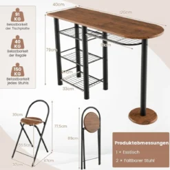 Bartisch mit 2 Klappbaren Barhockern & Regalen 2 Personen Küchentheke mit Regalen Braun