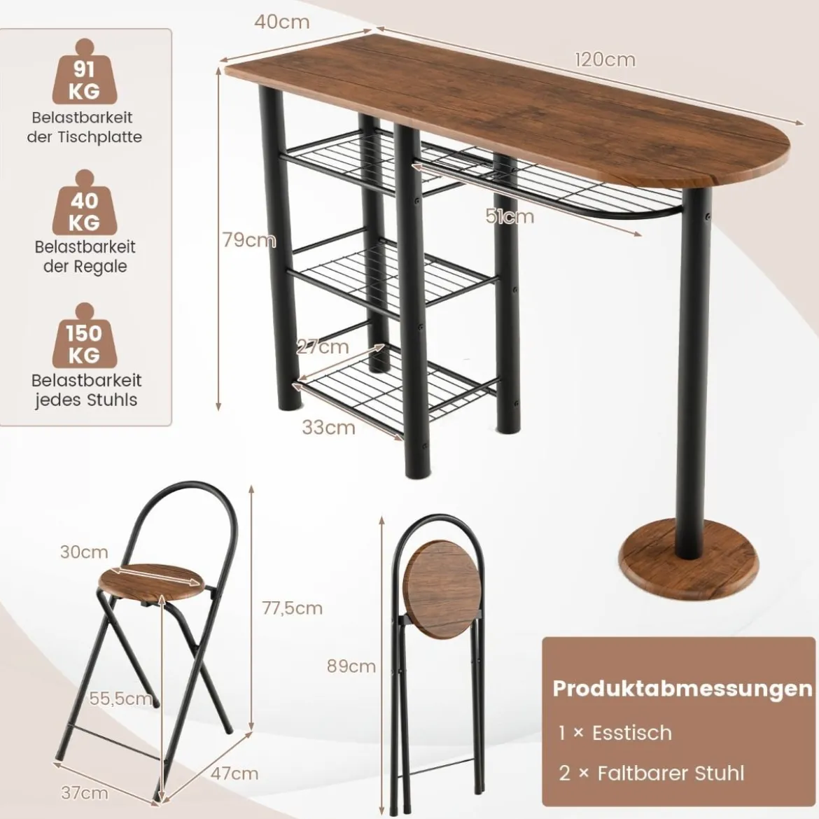 Bartisch mit 2 Klappbaren Barhockern & Regalen 2 Personen Küchentheke mit Regalen Braun