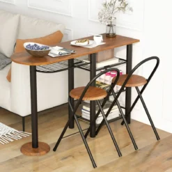 Bartisch mit 2 Klappbaren Barhockern & Regalen 2 Personen Küchentheke mit Regalen Braun