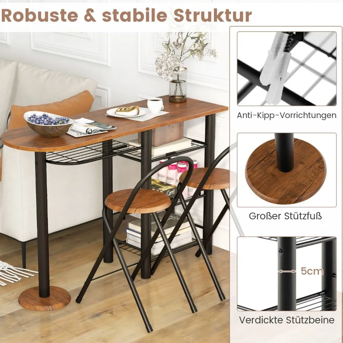Bartisch mit 2 Klappbaren Barhockern & Regalen 2 Personen Küchentheke mit Regalen Braun