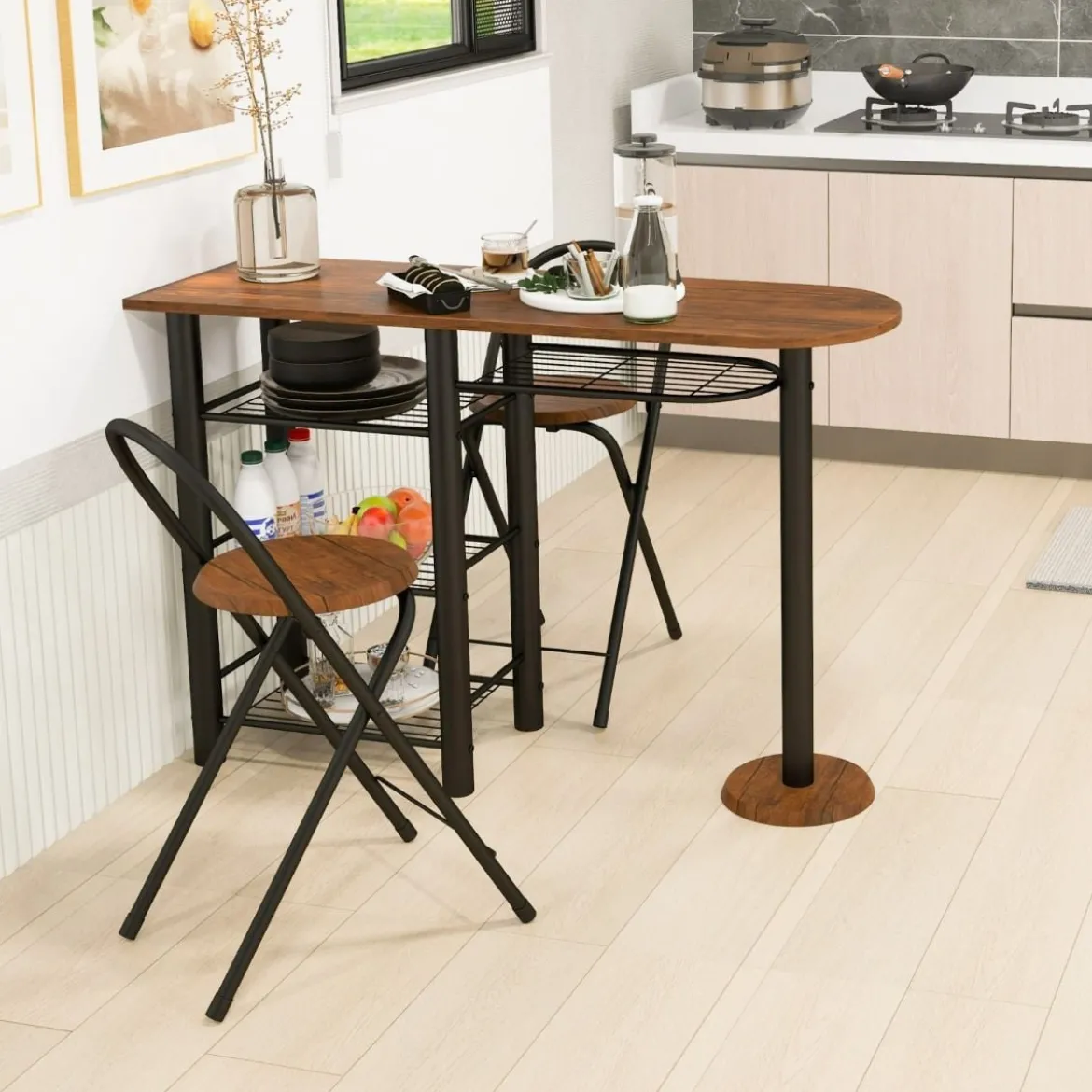 Bartisch mit 2 Klappbaren Barhockern & Regalen 2 Personen Küchentheke mit Regalen Braun